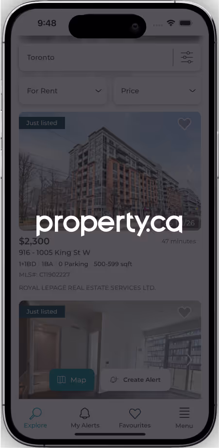 A phone screen showing the property.ca website.