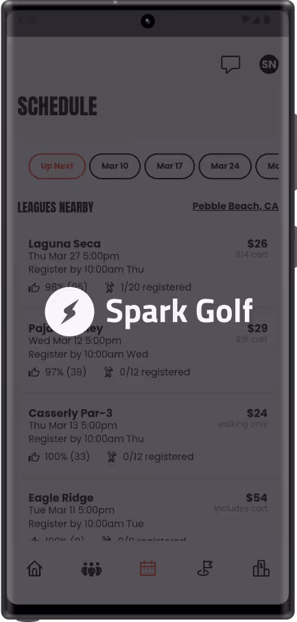 A phone screen showing the Spark Golf website.